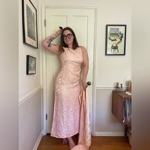 60s Vintage Pink Satin Brocade Wiggle Dress with Matching Shawl
